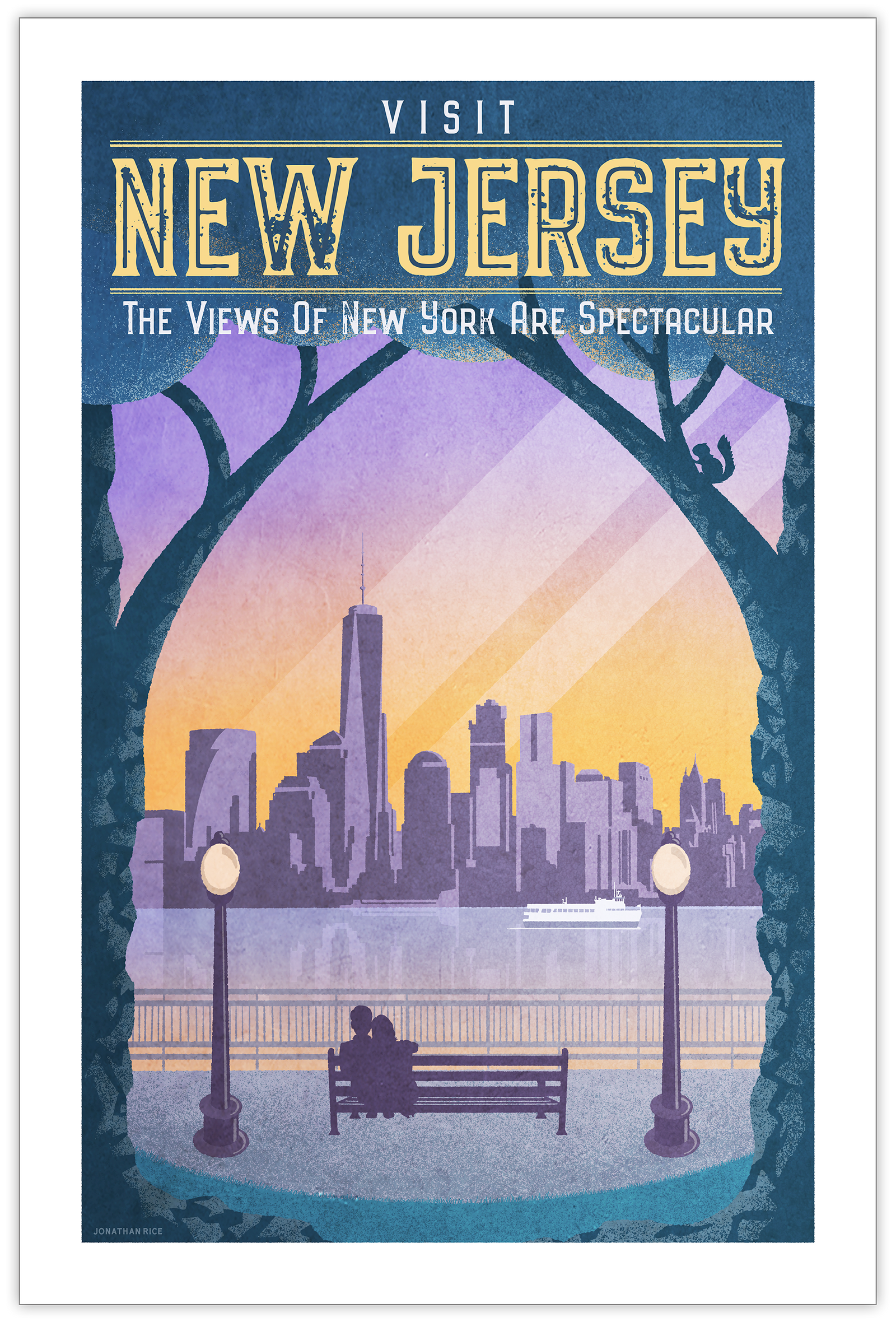 Minimalist style travel poster of a couple on a bench in New Jersey looking at the beautiful Manhattan Skyline.
