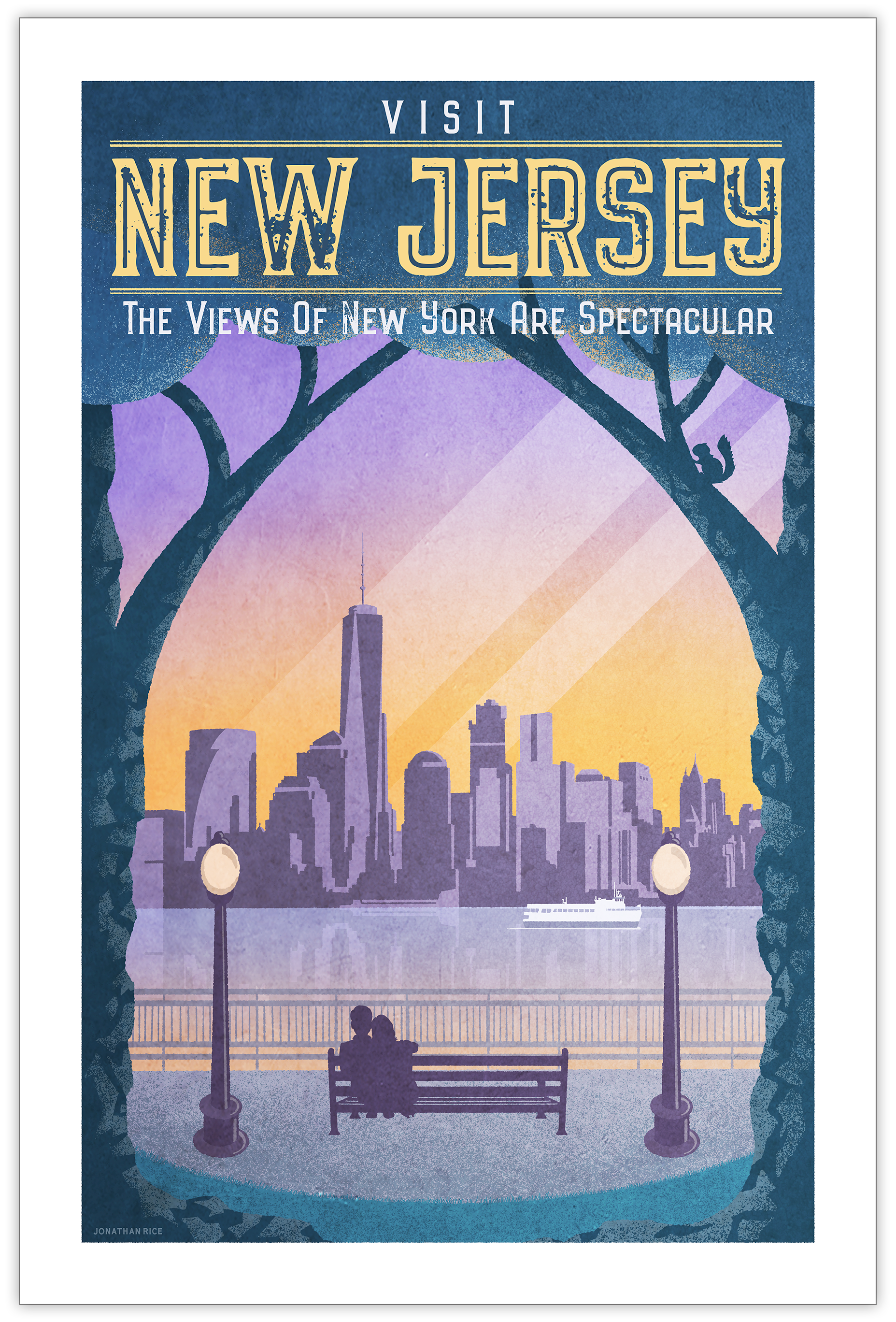 Minimalist style travel poster of a couple on a bench in New Jersey looking at the beautiful Manhattan Skyline.
