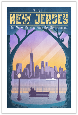 Minimalist style travel poster of a couple on a bench in New Jersey looking at the beautiful Manhattan Skyline.