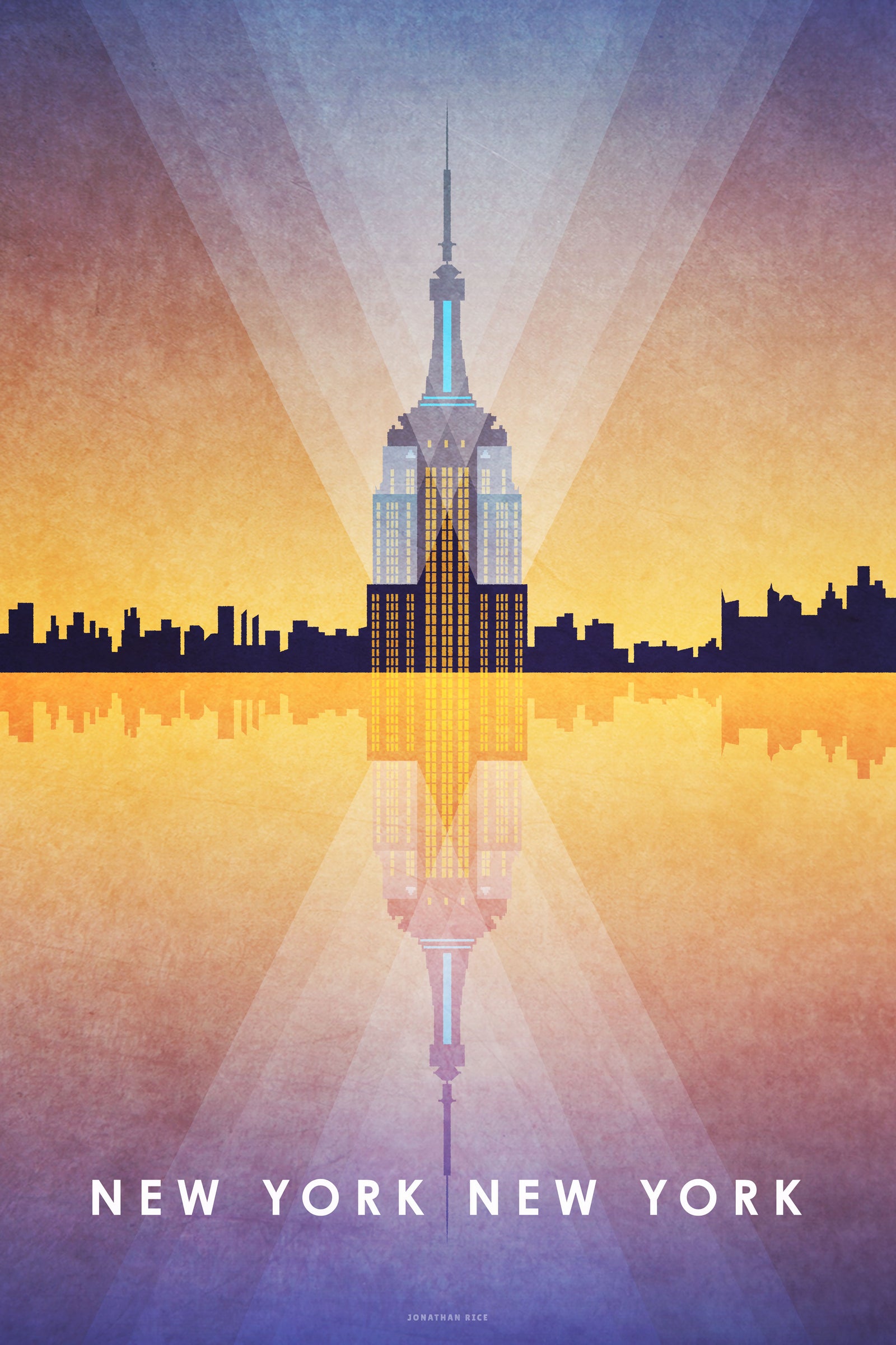 Mid-century style Art Print of a colorful Manhattan Skyline featuring the Empire State Building & the title "New York, New York".
