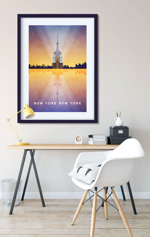 Mid-century style Art Print of a colorful Manhattan Skyline featuring the Empire State Building & the title "New York, New York".