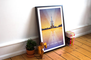Mid-century style Art Print of a colorful Manhattan Skyline featuring the Empire State Building & the title "New York, New York".