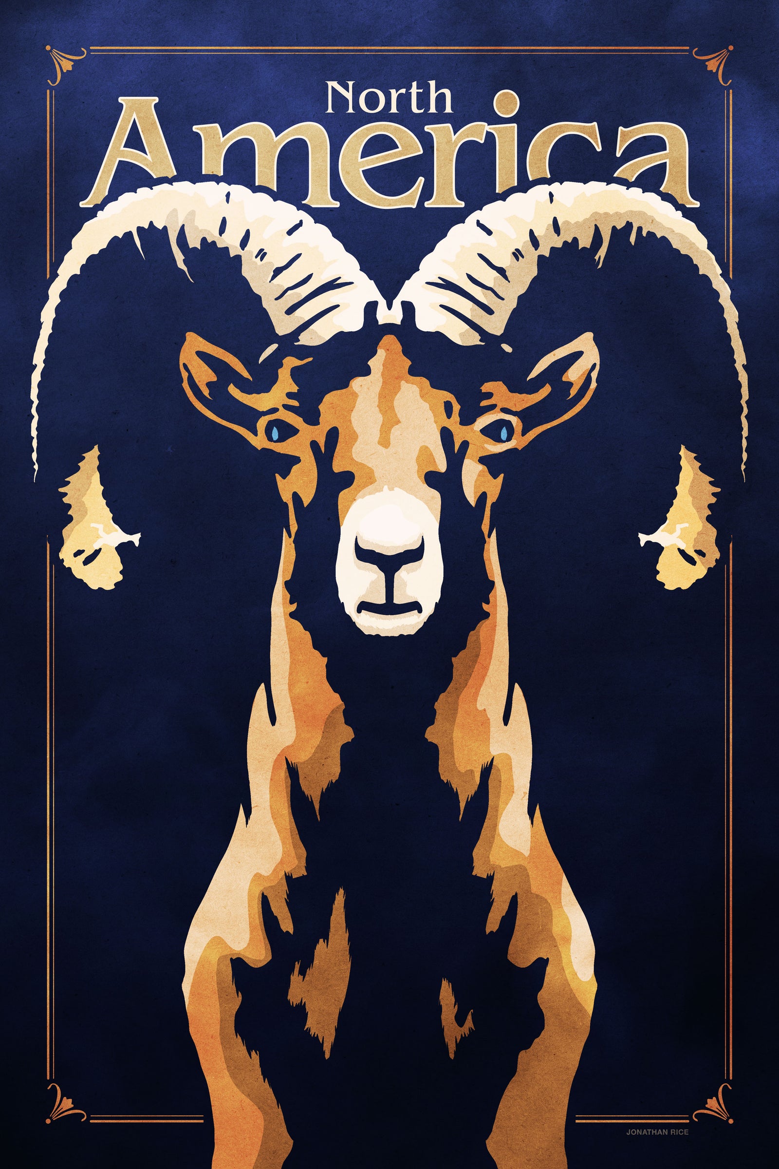 Bold graphic giclée art print of a North American Bighorn Sheep. Print shows a North American Bighorn Sheep blending into a dark blue background and overlapping the words “North America”.