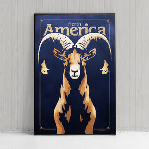 Bold graphic giclée art print of a North American Bighorn Sheep. Print shows a North American Bighorn Sheep blending into a dark blue background and overlapping the words “North America”.