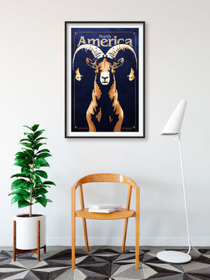 Bold graphic giclée art print of a North American Bighorn Sheep. Print shows a North American Bighorn Sheep blending into a dark blue background and overlapping the words “North America”.