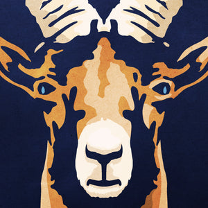 Detail of Bold graphic giclée art print of a North American Bighorn Sheep. Print shows a North American Bighorn Sheep blending into a dark blue background and overlapping the words “North America”.