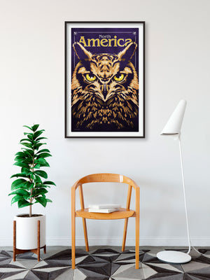 Bold graphic giclée art print of a North American Great Horned Owl. Print shows a North American Great Horned Owl blending into a dark blue background and overlapping the words “North America”.