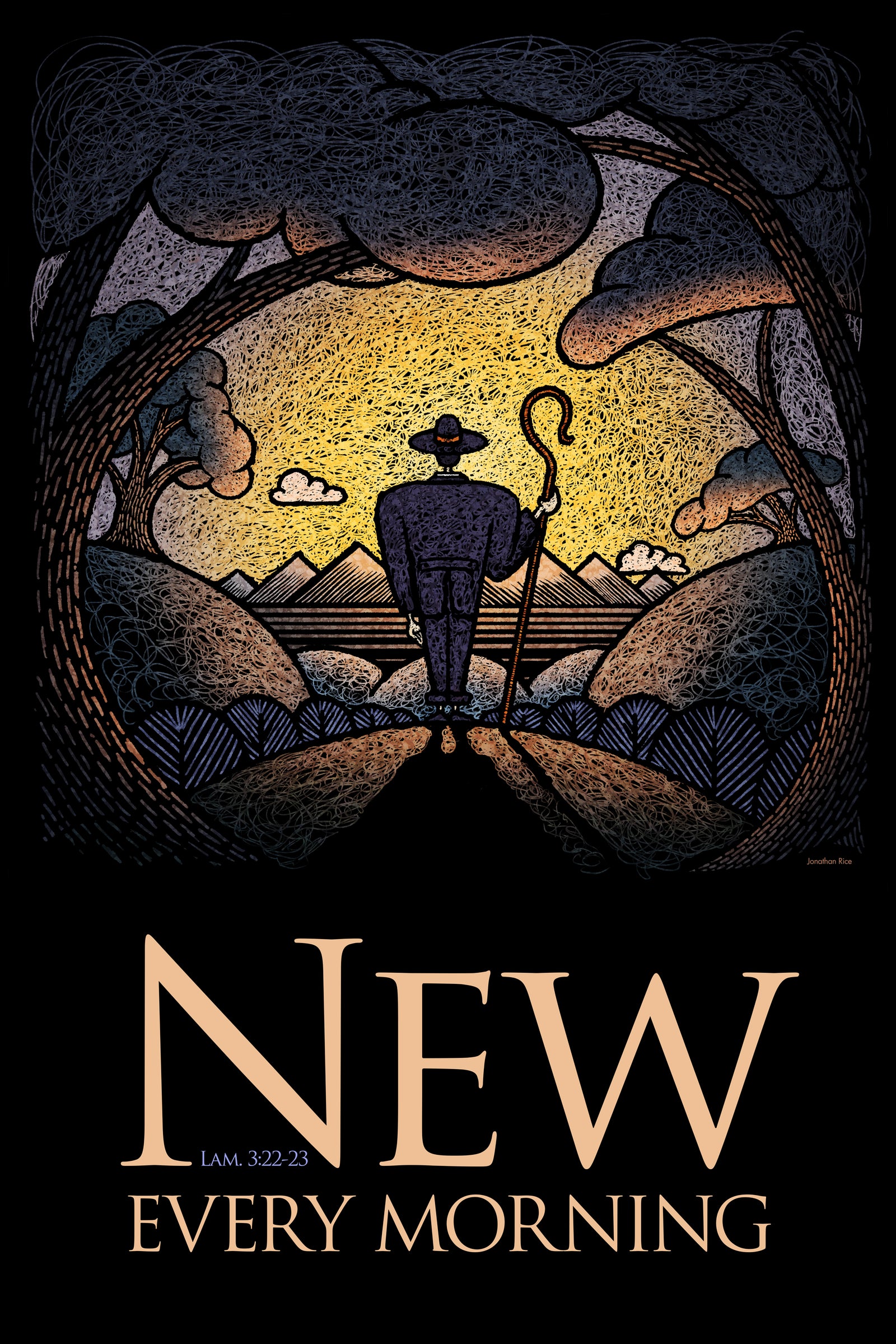 Graphic art print of the good shepherd looking out over a field and mountains at sunrise with the title  "New Every Morning".