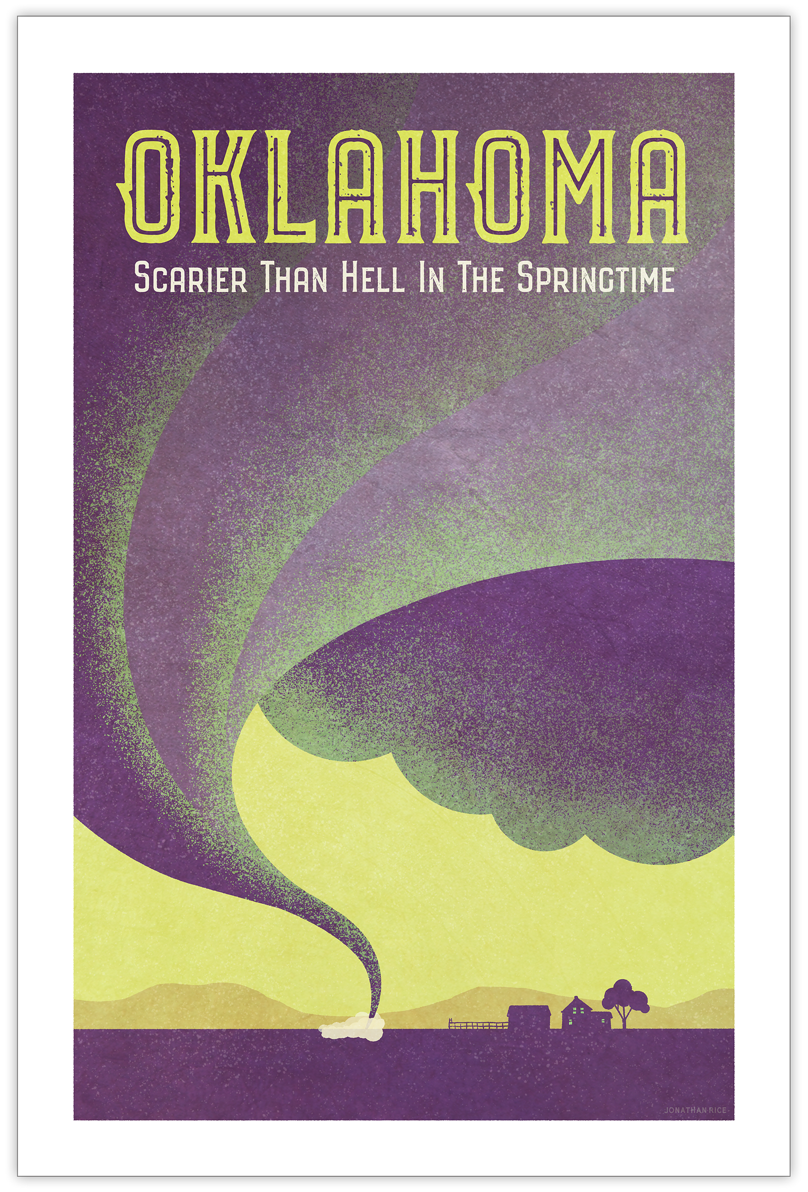 Humorous graphic travel poster of Oklahoma with colorful tornado heading towards farm house.
