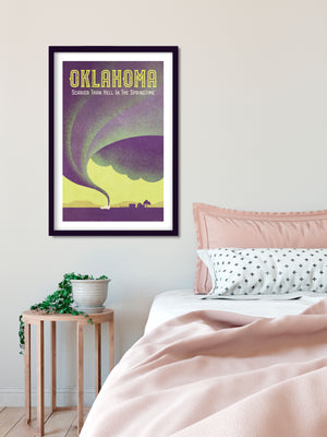 Humorous graphic travel poster of Oklahoma with colorful tornado heading towards farm house.