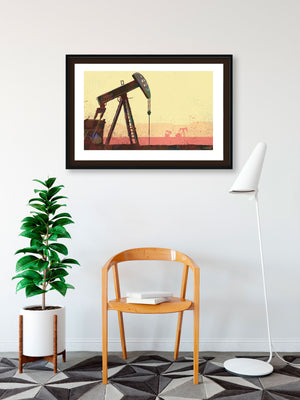 Modern style giclée art print of an Oil Pump in West Texas. The oil pump is gritty and rough, with smaller oil pumps in the background. It’s bright dusty hot background colors, rich foreground colors and gritty texture will make a great impression in any room.
