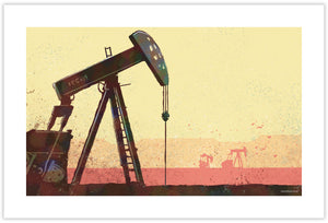 Modern style giclée art print of an Oil Pump in West Texas. The oil pump is gritty and rough, with smaller oil pumps in the background. It’s bright dusty hot background colors, rich foreground colors and gritty texture will make a great impression in any room.