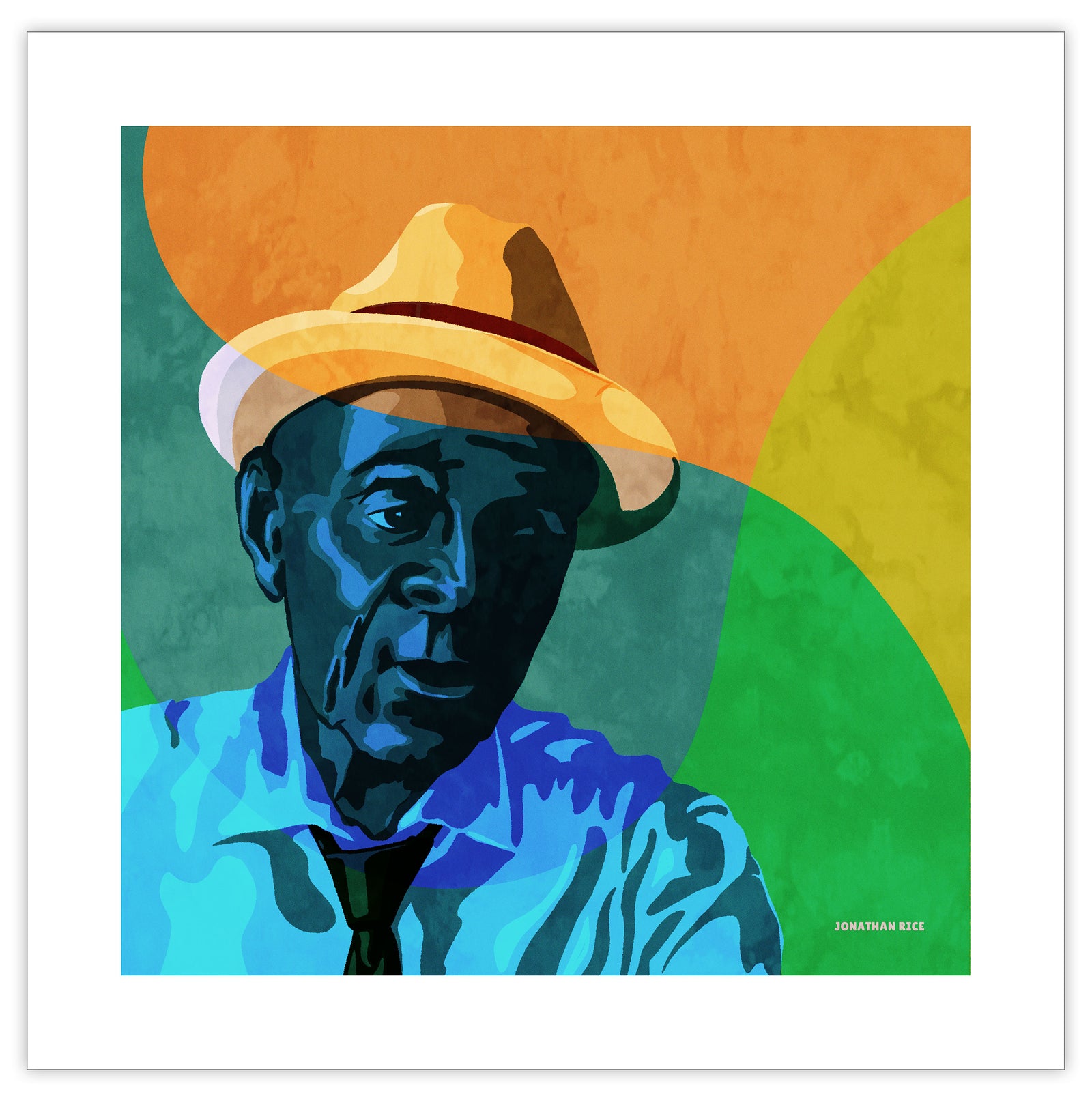 An upbeat and colorful print of an old New Orleans Jazz singer in shirt and tie with a colorful fedora on his head. Bold graphic lines and shapes create an energetic portrait. 