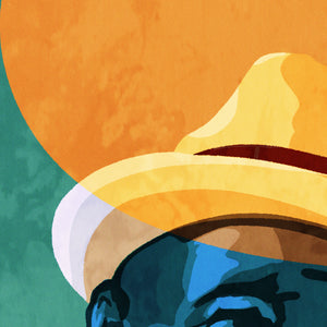 An upbeat and colorful print of an old New Orleans Jazz singer in shirt and tie with a colorful fedora on his head. Bold graphic lines and shapes create an energetic portrait. 