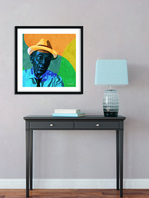 An upbeat and colorful print of an old New Orleans Jazz singer in shirt and tie with a colorful fedora on his head. Bold graphic lines and shapes create an energetic portrait. 