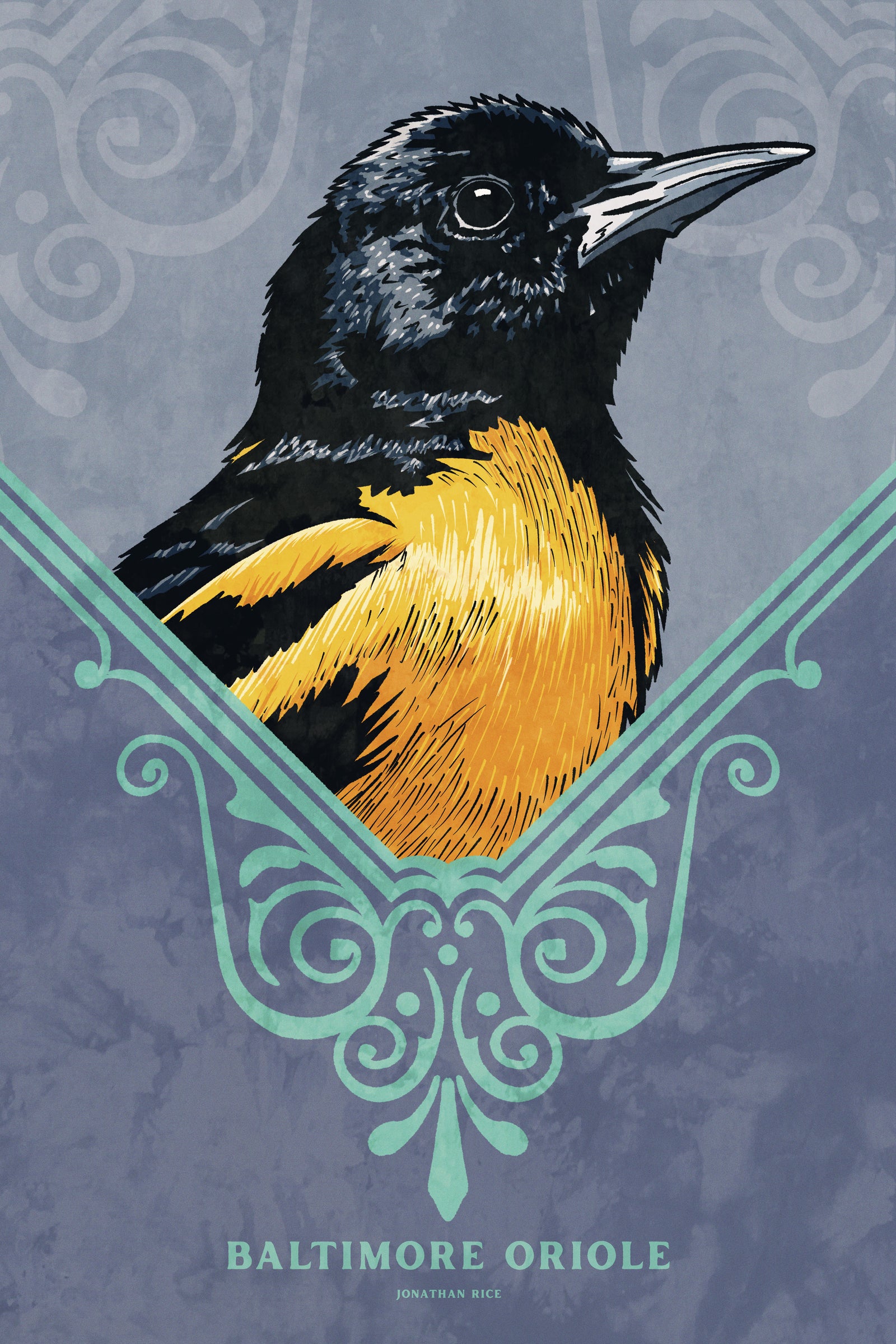 Bold graphic giclée art print of a Baltimore Oriole. Print is a portrait of a Baltimore Oriole adorning the top of a beautiful graphic ornament on a Blue Green background with the words “Baltimore Oriole” below.