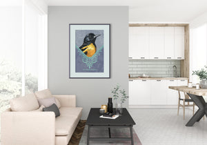 Bold graphic giclée art print of a Baltimore Oriole. Print is a portrait of a Baltimore Oriole adorning the top of a beautiful graphic ornament on a Blue Green background with the words “Baltimore Oriole” below.