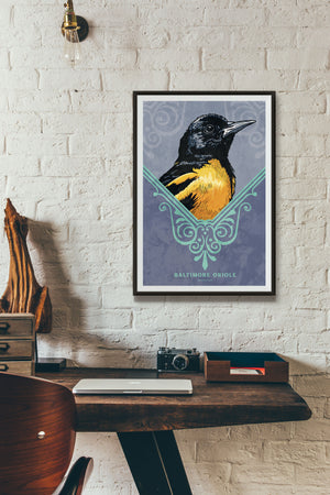 Bold graphic giclée art print of a Baltimore Oriole. Print is a portrait of a Baltimore Oriole adorning the top of a beautiful graphic ornament on a Blue Green background with the words “Baltimore Oriole” below.