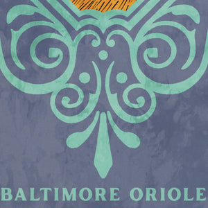 Detail of Bold graphic giclée art print of a Baltimore Oriole. Print is a portrait of a Baltimore Oriole adorning the top of a beautiful graphic ornament on a Blue Green background with the words “Baltimore Oriole” below.