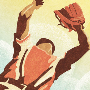 Detail of Retro styled giclée art print of an American Baseball Outfielder catching a fly ball. The baseball player is caught in the act of catching a fly ball inside a local ballpark. It’s warm color palette, gritty texture, unusual angle and vintage typography will make a great impression in any room.