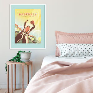 Retro styled giclée art print of an American Baseball Outfielder catching a fly ball. The baseball player is caught in the act of catching a fly ball inside a local ballpark. It’s warm color palette, gritty texture, unusual angle and vintage typography will make a great impression in any room.