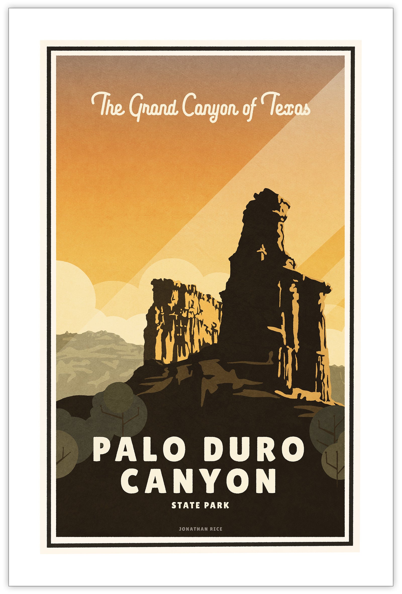 A retro style giclée art print of the Lighthouse in Palo Duro Canyon State Park in Texas. It has the words “The Grand Canyon of Texas” at the top. The print primarily is in bold warm tones with bright sunset colors. There are additional words a the bottom that says “Palo Duro Canyon State Park”.