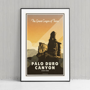 A retro style giclée art print of the Lighthouse in Palo Duro Canyon State Park in Texas. It has the words “The Grand Canyon of Texas” at the top. The print primarily is in bold warm tones with bright sunset colors. There are additional words a the bottom that says “Palo Duro Canyon State Park”.