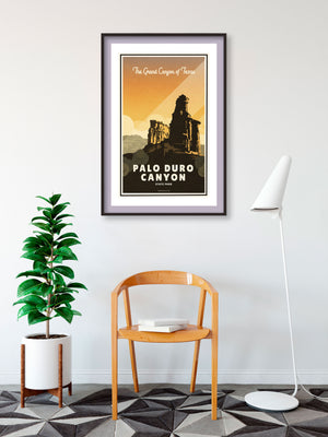 A retro style giclée art print of the Lighthouse in Palo Duro Canyon State Park in Texas. It has the words “The Grand Canyon of Texas” at the top. The print primarily is in bold warm tones with bright sunset colors. There are additional words a the bottom that says “Palo Duro Canyon State Park”.