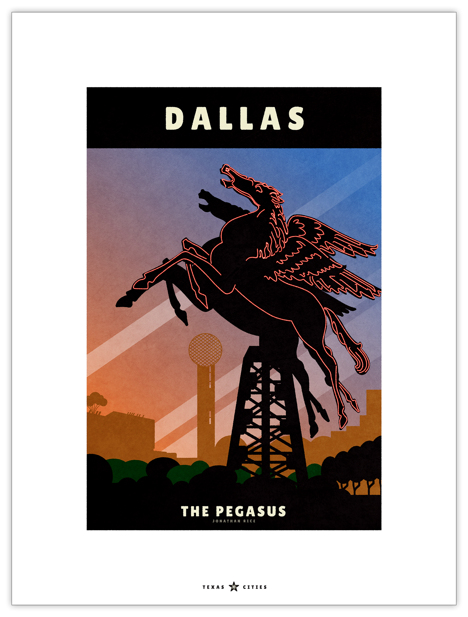 Giclée art print and travel poster of the “original” Pegasus neon sign in Dallas, Texas. The vintage Mobil Oil sign depicts the winged horse in glorious neon art print. 
