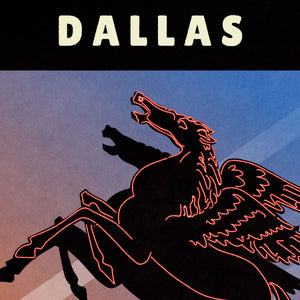 Giclée art print and travel poster of the “original” Pegasus neon sign in Dallas, Texas. The vintage Mobil Oil sign depicts the winged horse in glorious neon art print. 