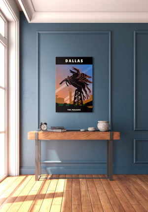 Canvas art print and travel poster of the “original” Pegasus flying horse neon sign in Dallas, Texas.