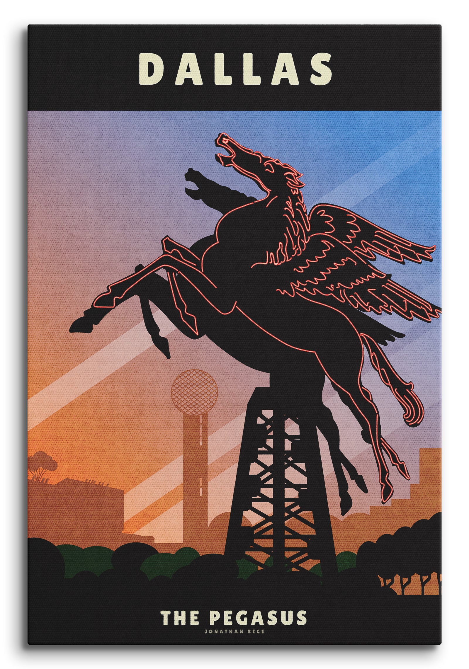 Canvas art print and travel poster of the “original” Pegasus flying horse neon sign in Dallas, Texas.