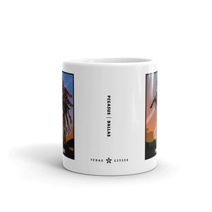 Dallas Pegasus Flying horse white ceramic mug is sturdy and glossy with a vivid print of the winged horse on it. 