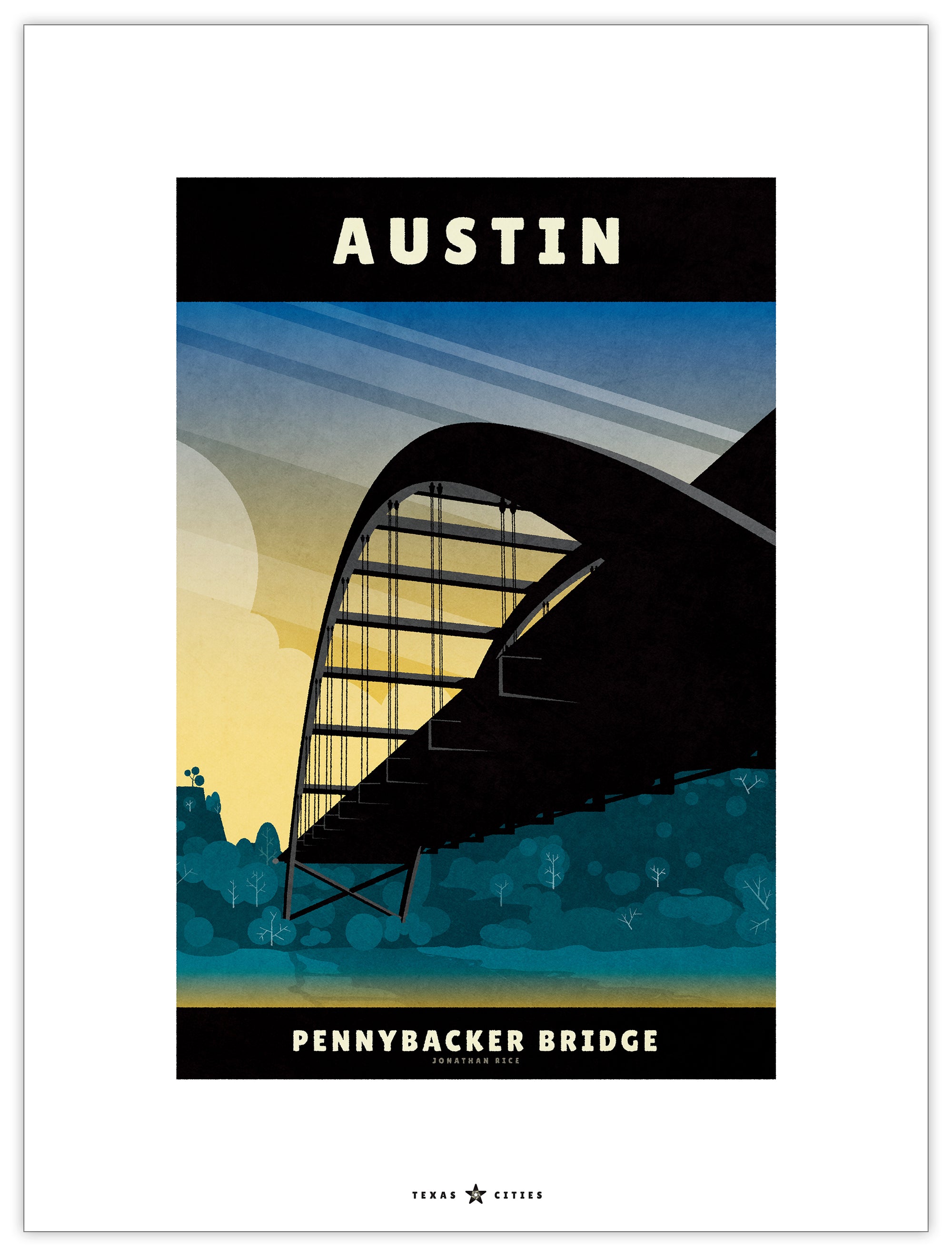 Art print and travel poster of the Pennybacker Bridge in Austin, Texas, featuring a dramatic sunset and beautiful spring like colors.