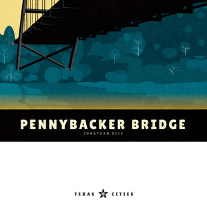 Detail of Art print and travel poster of the Pennybacker Bridge in Austin, Texas, featuring a dramatic sunset and beautiful spring like colors.