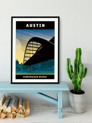 Art print and travel poster of the Pennybacker Bridge in Austin, Texas, featuring a dramatic sunset and beautiful spring like colors.