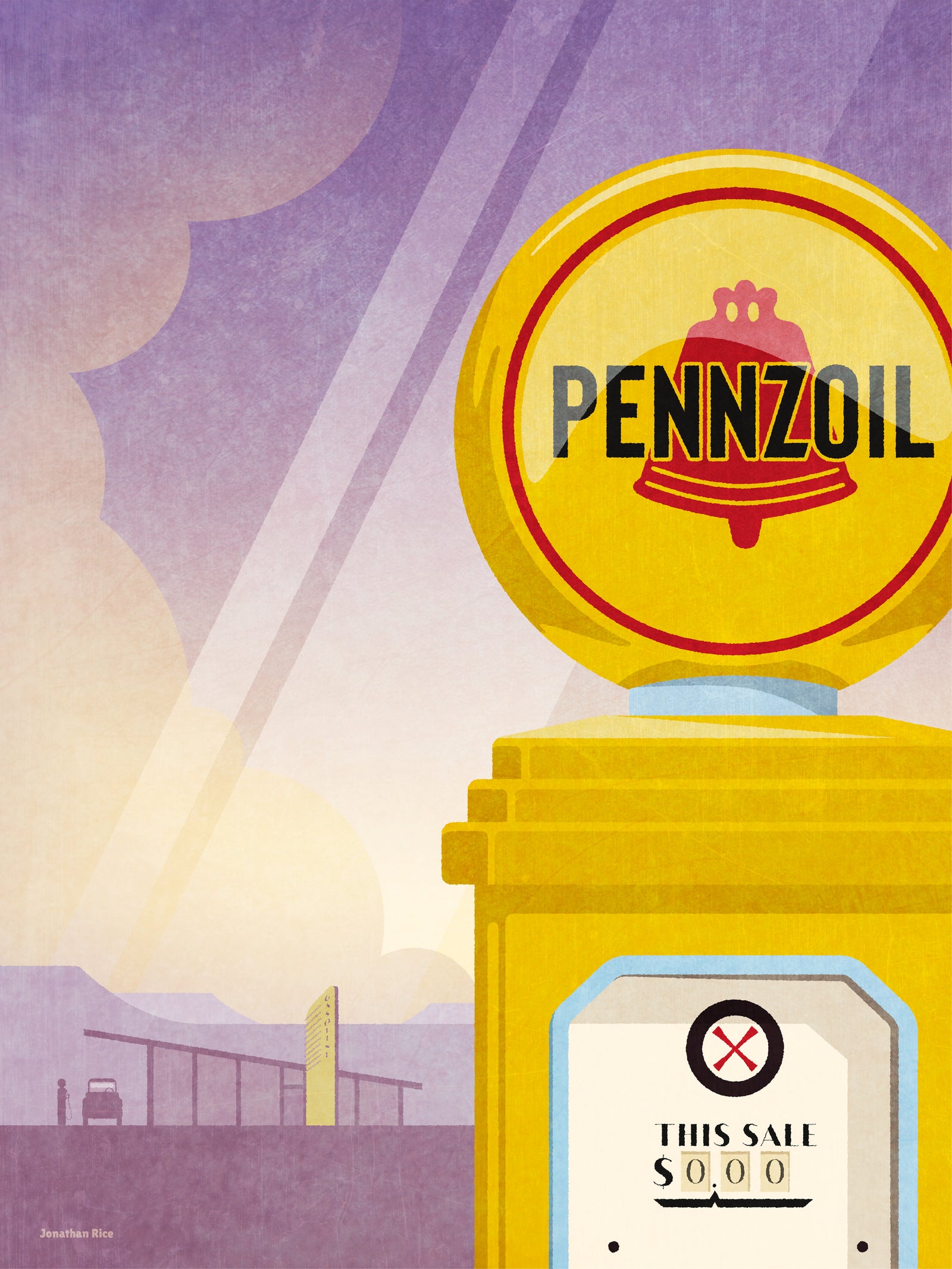 Vintage Pennzoil Gas Pump Art Print featuring the bright yellow pump and mid-century modern style gas station in the background..
