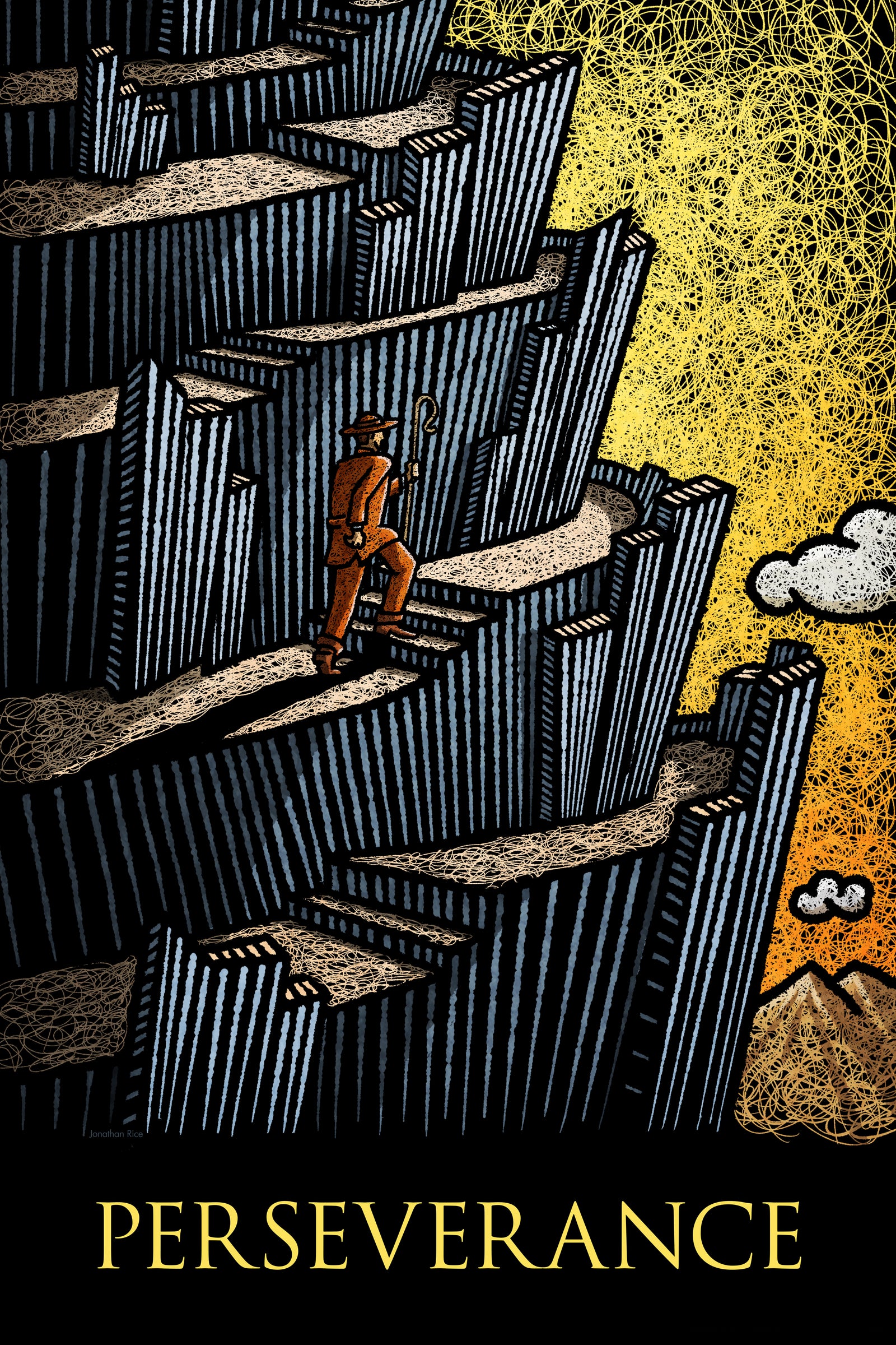 Graphic art print of a man climbing a mountain with the title "Perseverance".