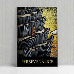 Graphic art print of a man climbing a mountain with the title "Perseverance".