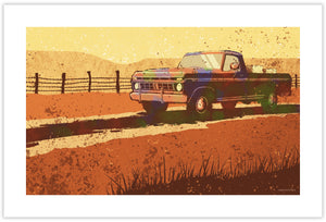 Modern style giclée art print of an old pickup truck in a field. It is brightly colored, yet has gritty texture overall. There is a field and barbed wire fence in the background.