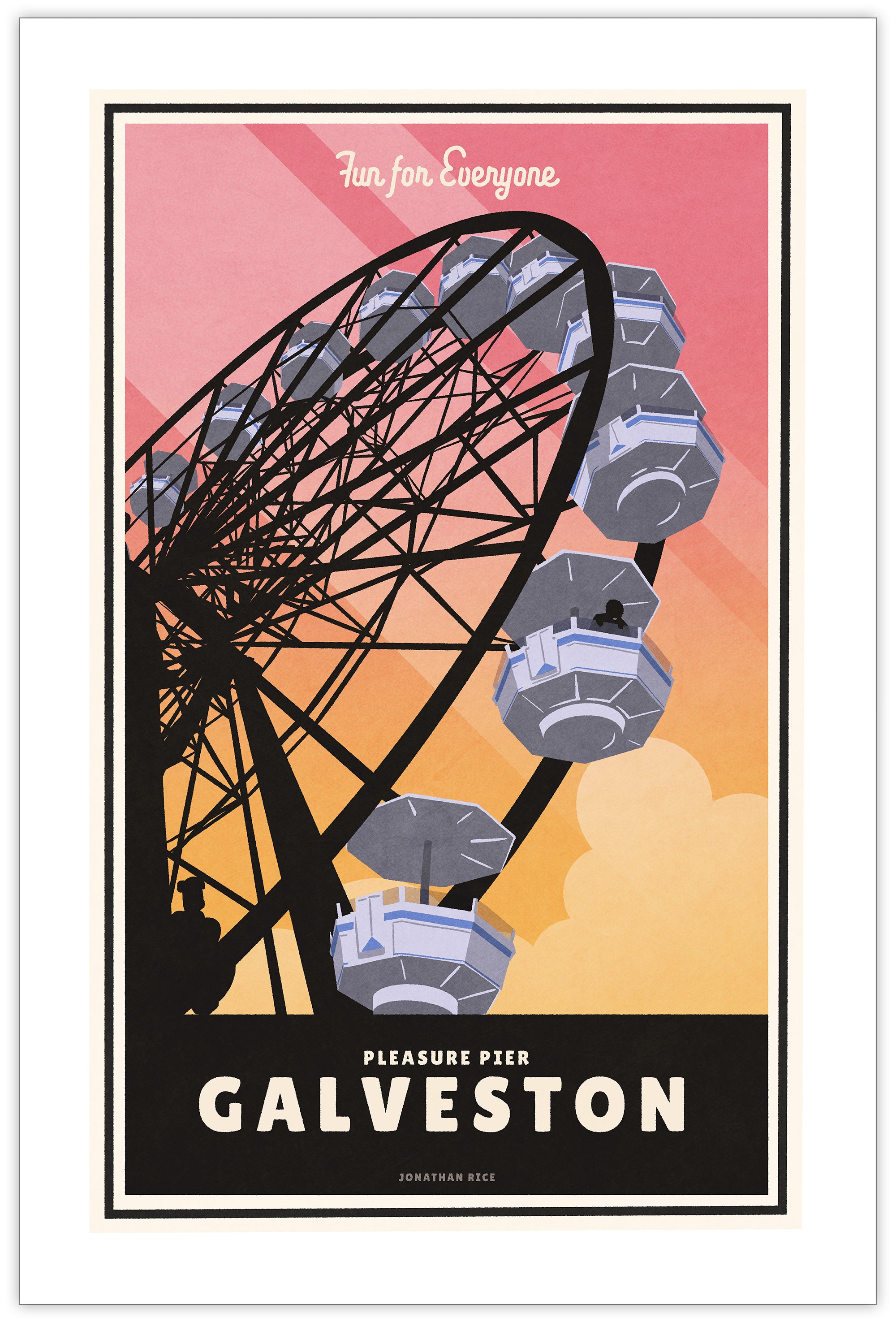 A retro style giclée art print of the Ferris Wheel on the Pleasure Pier in Galveston, Texas. It has the words “Fun for Everyone” at the top. The print primarily is in bold black with bright sunset colors. There are additional words a the bottom that says “Pleasure Pier, Galveston”.