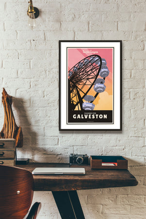 A retro style giclée art print of the Ferris Wheel on the Pleasure Pier in Galveston, Texas. It has the words “Fun for Everyone” at the top. The print primarily is in bold black with bright sunset colors. There are additional words a the bottom that says “Pleasure Pier, Galveston”.
