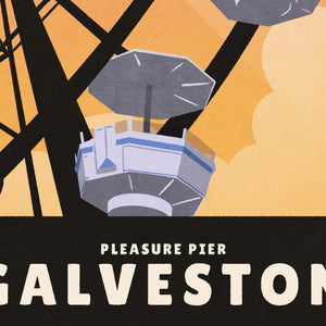 Detail of A retro style giclée art print of the Ferris Wheel on the Pleasure Pier in Galveston, Texas. It has the words “Fun for Everyone” at the top. The print primarily is in bold black with bright sunset colors. There are additional words a the bottom that says “Pleasure Pier, Galveston”.