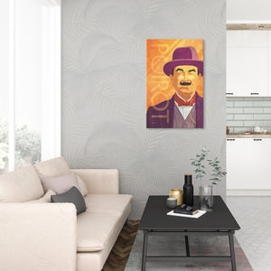 Canvas art print of Agatha Christie’s Hercule Poirot with red bow tie, suit and hat.