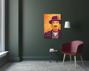 Canvas art print of Agatha Christie’s Hercule Poirot with red bow tie, suit and hat.