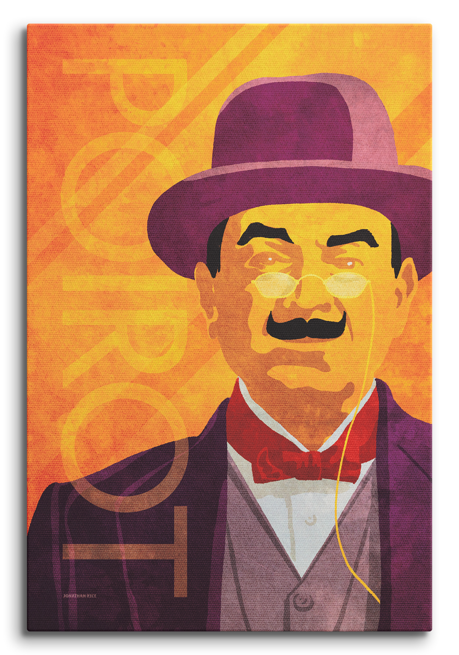 Canvas art print of Agatha Christie’s Hercule Poirot with red bow tie, suit and hat.