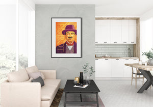 Modern art print of Agatha Christie’s Hercule Poirot in red bow tie and suit and hat..