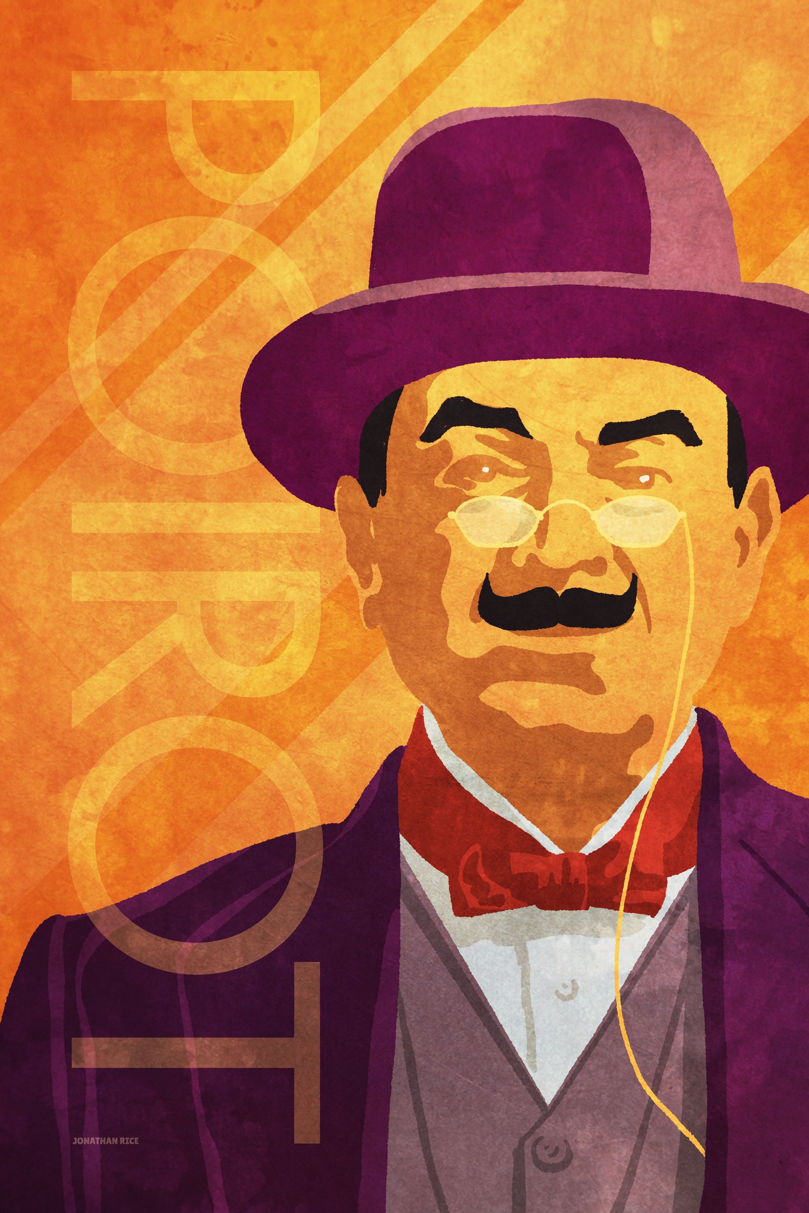 Modern art print of Agatha Christie’s Hercule Poirot in red bow tie and suit and hat..