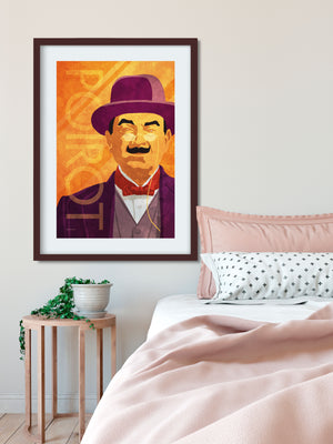 Modern art print of Agatha Christie’s Hercule Poirot in red bow tie and suit and hat..
