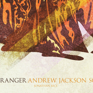 Detail of Retro styled art print of 1800’s Texas Ranger Andrew Jackson Sowell. Bold graphic lines are complemented by colorful streaks giving the piece a sense of movement. The print has the words “Texas Ranger Andrew Jackson Sowell” on it.